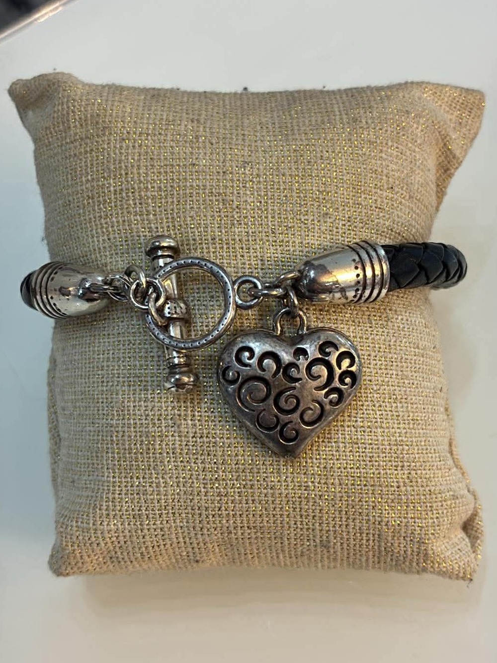 Brighton Black Braided Leather Bracelet with Silver Heart Charm